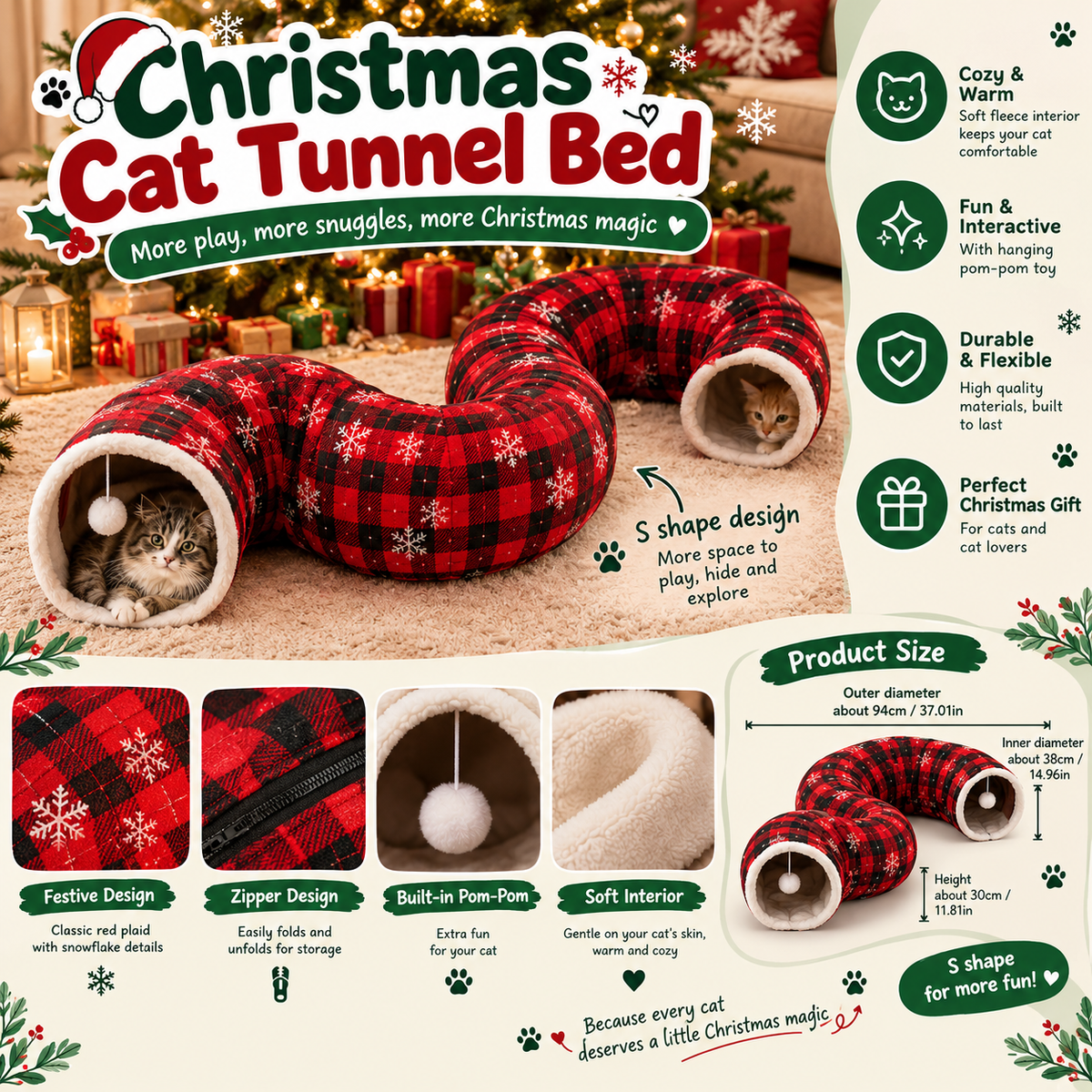 Cozy Christmas Cat Bed with Play Tunnel