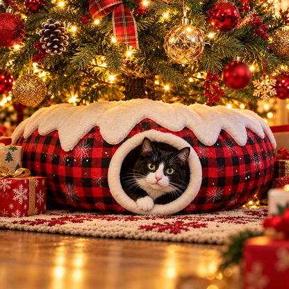 Cozy Christmas Cat Bed with Play Tunnel